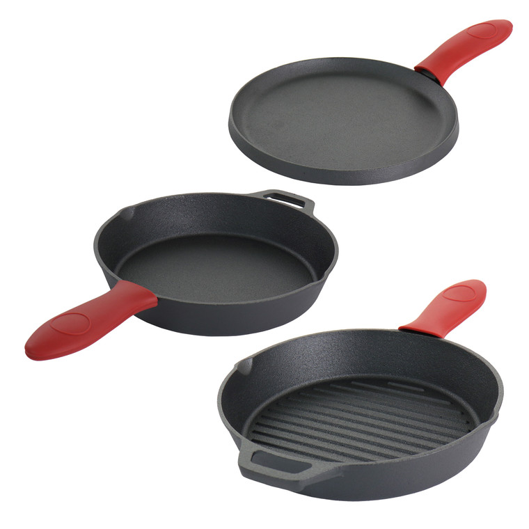 MegaChef Pre-Seasoned Cast Iron 6 Piece Set with Red Silicone Holders D970-MCCI-570