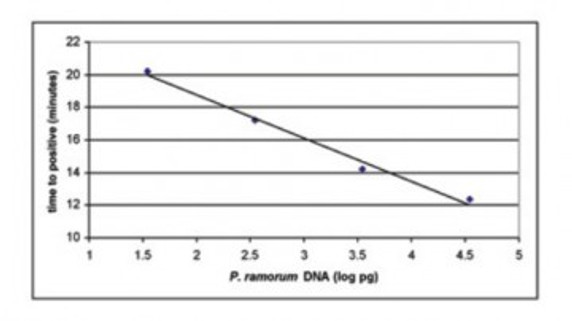 Time to positive result for a dilution series of P. ramorum DNA on the GENIE detection system