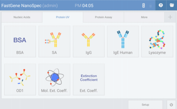 FastGene NanoSpec UV-Vis Spectrophotometer menu navigation (protein UV tab)