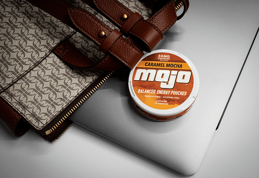 Caramel Mocha Mojo tin on laptop