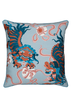 Lion Dance Blue Cushion by Guo Pei flatshot