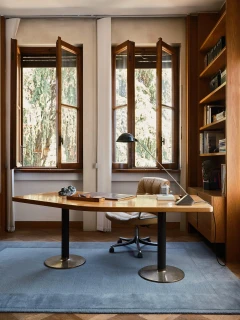 The Rug Company Cameo rug, Lake colourway, styled in a home office with a modern desk