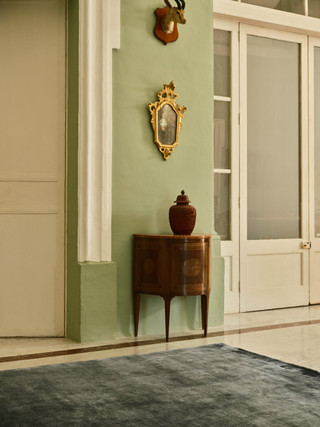 Mohair Sheared rug in Aegean, styled in an elegant hallway with antique furniture