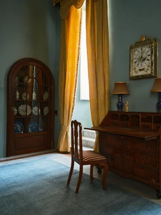The Rug Company Caliche Silk rug, Aegean colourway, handknotted pure silk, in a designer antique interior