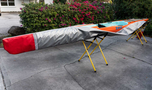 Aqualon Edge Soft Custom Surf ski cover. Aqualon Edge Soft is the next generation in marine fabrics, an extension of Aqualon Edge that features a plush, warp-knit backing for added protection underneath. It keeps interior temperatures cool and surfaces damage-free. The soft backing makes it safe for use with delicate objects, painted surfaces, and sensitive gelcoats.