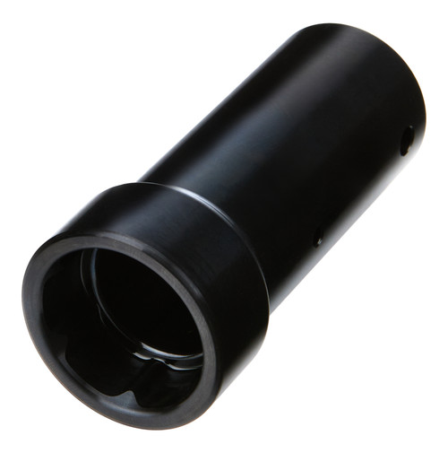 Extended steel pit stop socket with a black oxide finish, designed for fast wheel changes, improved lug nut access, and maximum torque transfer in racing applications.