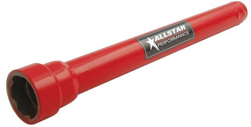 Steel super speed pit stop socket with extended reach for 1-inch lug nuts, used with a 1/2-inch impact gun for faster wheel changes.