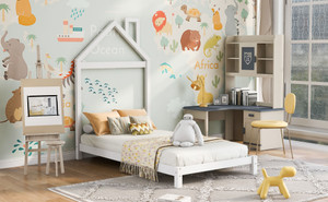 Twin Size Wood Platform Bed with House-shaped Headboard Twin Size Wood Platform Bed with House-shaped Headboard