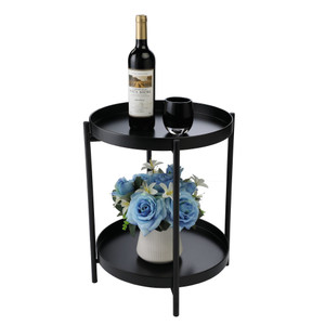 2-Tier Tray End Table, Metal Side Table Nightstand, Folding Round Accent Coffee Table for Living Room, Black XH 2-Tier Tray End Table, Metal Side Table Nightstand, Folding Round Accent Coffee Table for Living Room, Black XH