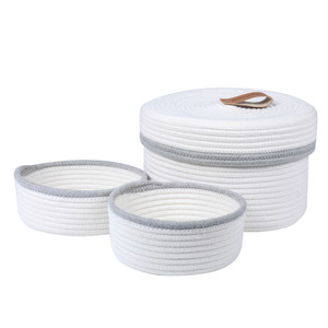 White Woven Cotton Rope Basket with Lid, 3 Pieces Decorative Toy Storage Baskets Shelf Basket White Woven Cotton Rope Basket with Lid, 3 Pieces Decorative Toy Storage Baskets Shelf Basket