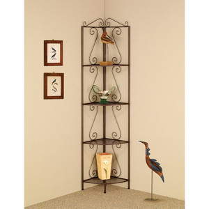 Four Tier Metal Foldable Corner Bookcase with Decorative Scrolled Details, Black Four Tier Metal Foldable Corner Bookcase with Decorative Scrolled Details, Black