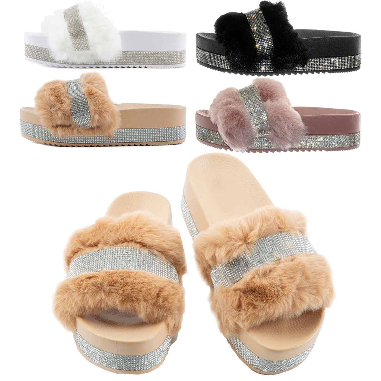 Women s Faux Fur Rhinestone Platform Slide Crystal Mid Heel