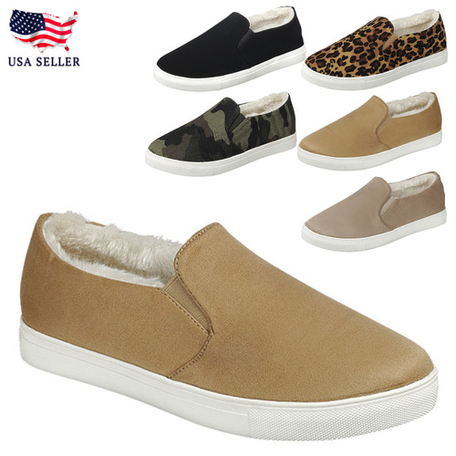 Women's Faux Fur Lining Comfy Sneaker Canvas Winter Fashion Slide Slip On