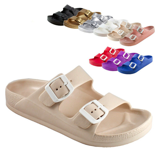 H2K Womens Lightweight Comfort Soft Slides EVA Adjustable Double Buckle Flat Sandals Buddy
