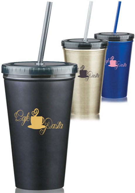 16 oz Stainless Steel Double Wall Tumblers With Straw 