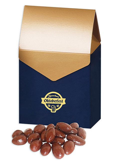 Chocolate Covered Almonds in Navy Blue and Golden Gable Top Boxes