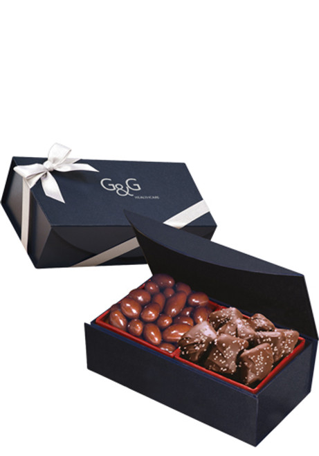 Chocolate Covered Almonds & Chocolate Sea Salt Caramels in Navy Blue Magnetic Closure Gift Box