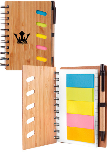 Stringless Notebook Bamboo Spiral Notebook with Sticky Note and Pen | HCJT12550 - Discountmugs