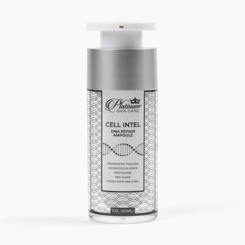 Platinum Skin Care’s Cell Intel DNA Repair Ampoule, formulated with Photolyase, Micrococcus Lysate, and Hydrolyzed DNA & RNA to support advanced cellular renewal