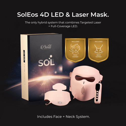SolEos 4D LED and laser mask combining targeted laser precision with full-coverage LED, including both face and neck systems.
