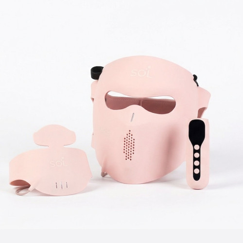 SOL 4D LED and laser face mask system combining targeted laser precision with full-coverage LED therapy, designed for complete facial treatment with adjustable settings and ergonomic comfort.