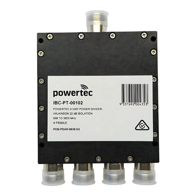 Powertec RF Power Divider 4-Way, 698 to 3800 MHz, N Female, Wilkinson, 20dB isolation