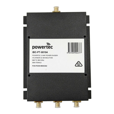 Powertec RF Power Divider 3-Way, 698 to 3800 MHz, SMA Female, Wilkinson, 18dB isolation