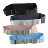A collection of sports running belt bags in black, navy, light pink, light grey, and blue, featuring adjustable buckles.