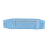 A light blue sports running belt bag with a zippered pocket and adjustable straps. Features a logo.