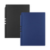 A set of two notebooks in black and navy blue, featuring a smooth finish and one with a logo.