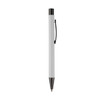 A metal pen in white with a black clip and tip, featuring a simple and sleek design.