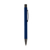 A blue metal pen with a black clip and silver tip, featuring a sleek design and a branding logo.