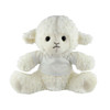 A soft, white sheep plush toy with a simple white shirt and black button eyes, featuring a round, cuddly shape.