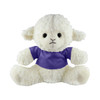 A white plush sheep wearing a purple shirt, featuring black button eyes and a stitched smile.