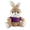 A plush rabbit toy in soft brown with white accents, wearing a purple shirt. It has long ears and a friendly expression.