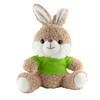 A plush rabbit toy with a soft, light brown body and white accents, wearing a green shirt.