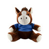 A brown horse plush toy wearing a blue shirt, with a cute face and soft fur. It has a logo on its shirt.
