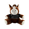 A brown horse plush toy with a black shirt, featuring white accents on its face and paws. It has a tuft of brown hair.