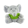 A grey elephant plush toy wearing a green shirt, with large ears and a friendly expression. It has a logo on its shirt.