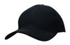 A black cotton twill cap with a curved brim and a logo on the front. Suitable for headwear.