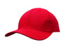 A red cotton twill cap with a curved brim and a blank front panel, featuring a logo on one side.