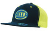 A snap-back cap featuring a navy front and bright yellow mesh back, with a logo on the front.