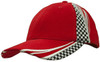 A red cap with embroidered and printed checkered patterns on the side. It features a structured design and a logo.