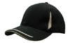 A black hat featuring peak trim, sandwich design, and crown inserts with contrasting stitching. It has a logo.