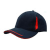 A navy cap with red peak trim and sandwich detailing, featuring crown inserts and a logo.