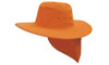 An orange canvas sun hat with a wide brim and a protective neck flap. It features eyelets and a logo.