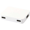 A white USB hub featuring four ports, including USB-A and Type-C outputs. It has a sleek, compact design.
