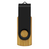 A bamboo flash drive with a black top and a circular loop for attachment. It features a logo on the surface.