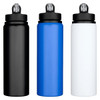 A drink bottle set featuring three colours: black, blue, and white, with a top spout and a logo.