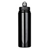 A drink bottle made of recycled stainless steel, featuring a sleek black finish and a black lid with a spout.